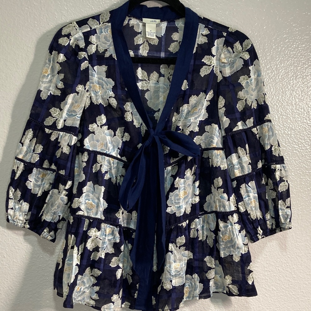 Anthropologie Odille Faraway Navy White Floral Boho Peasant Blouse Twee y2k sz 0 - Picture 2 of 10